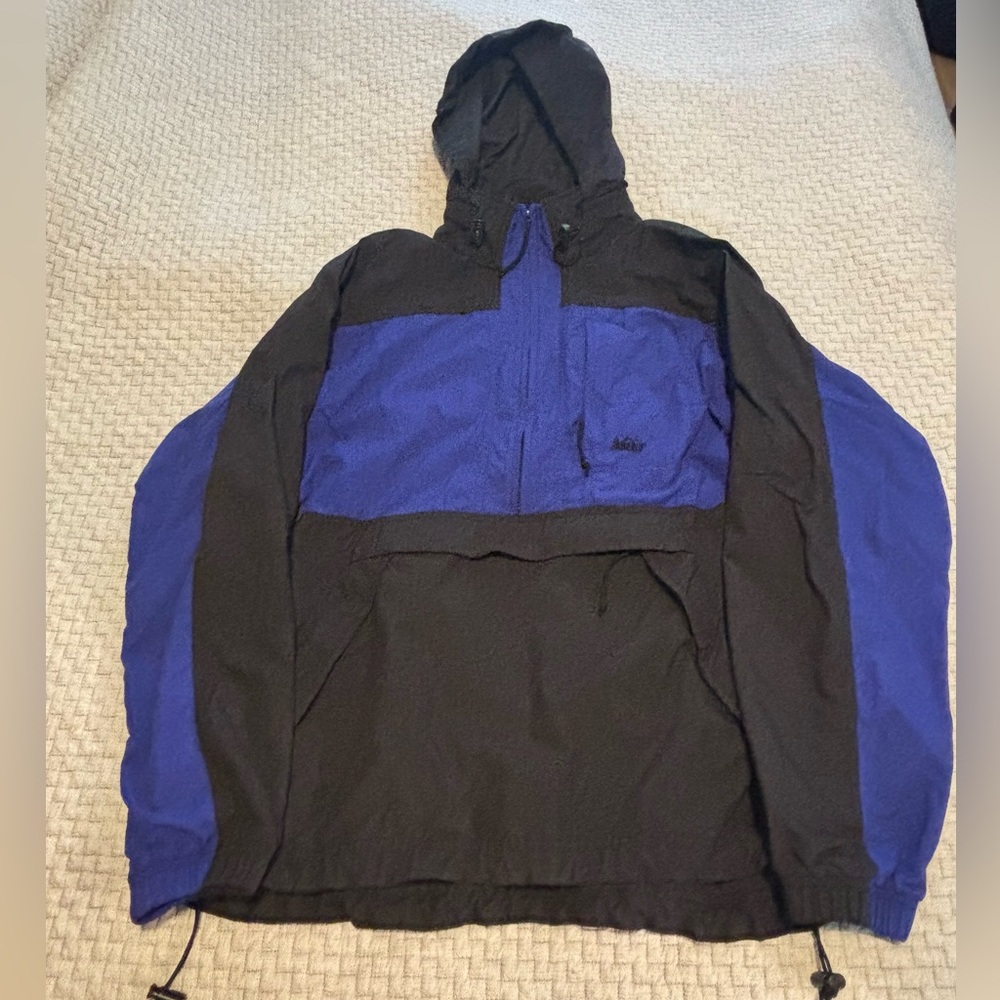 Vintage REI Blue Black Half Zip Rain Jacket-Pockets, Hood Size S Measures Big M